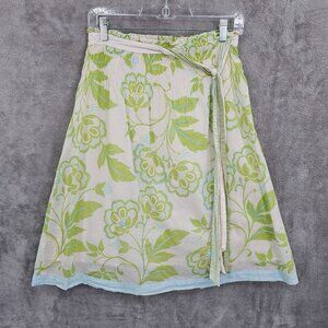 Garnet Hill A Line Skirt 6 P Cream Green Blue Floral Embroidered Lined Cotton